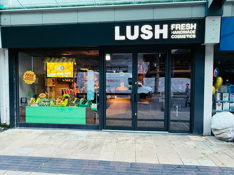 Commercial glazed entrance doors installed to a retail storefront